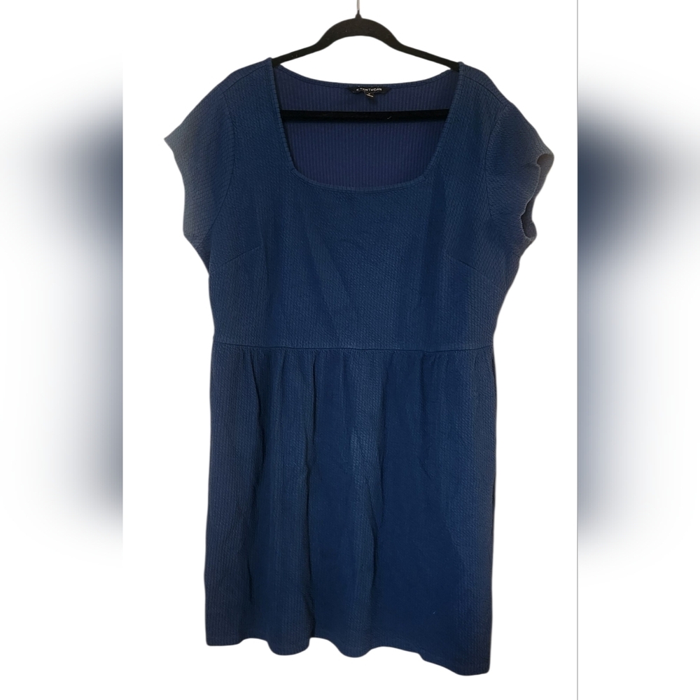 Women's Stretchy Navy Blue Short Sleeve Textured Mini Dress With Pockets, 2X